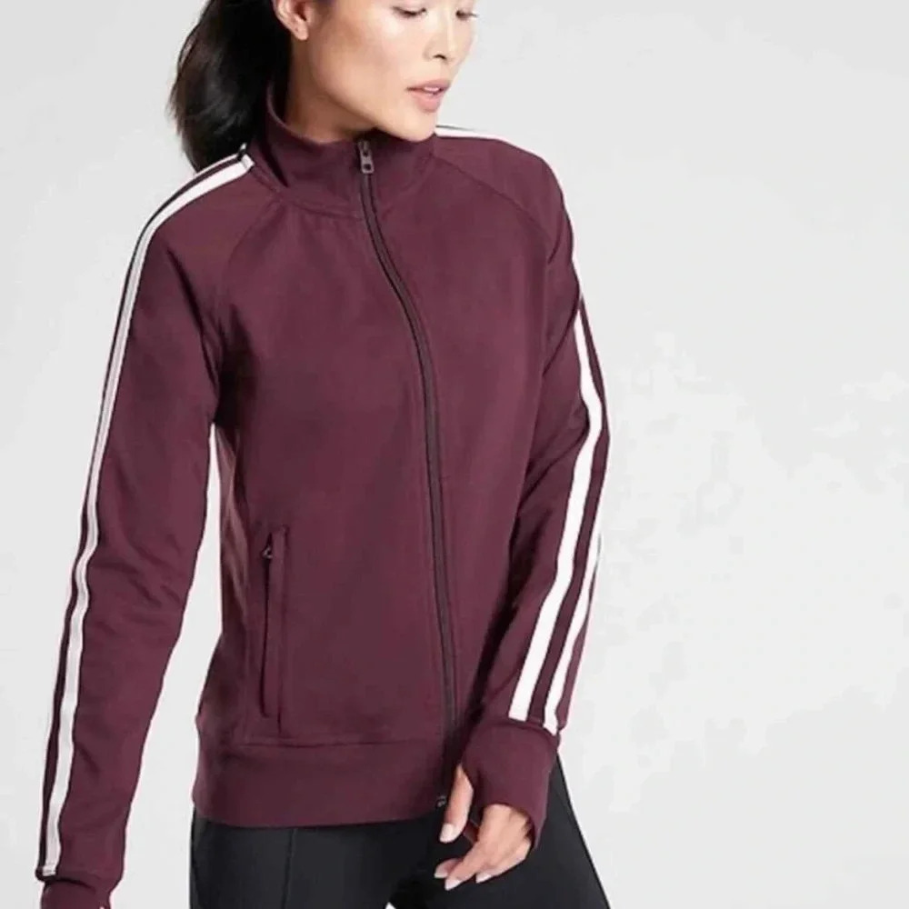 Athleta Burgundy Track Jacket with White Stripes